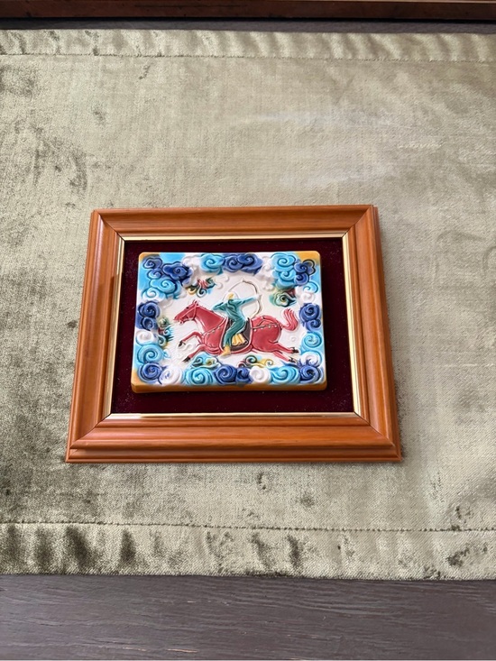 koji Other - Framed Ceramic Plaque with Red Horse and Green Rider